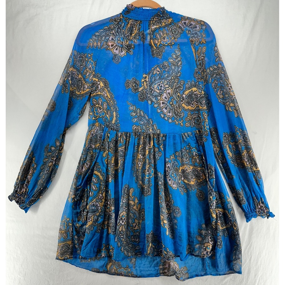 Free People Blue Paisley Mini Dress Smocked Neck Button Front Babydoll XS